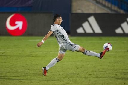 Oct 7, 2023; Frisco, Texas, USA; San Jose Earthquakes forward Cristian Espinoza (10) controls the ball during the second half against the FC Dallas at Toyota Stadium. Mandatory Credit: Jerome Miron-USA TODAY Sports
