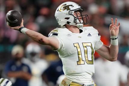 Oct 7, 2023; Miami Gardens, Florida, USA; Georgia Tech Yellow Jackets quarterback Haynes King (10) attempts a pass against the Miami Hurricanes in the second half at Hard Rock Stadium. Mandatory Credit: Jasen Vinlove-USA TODAY Sports