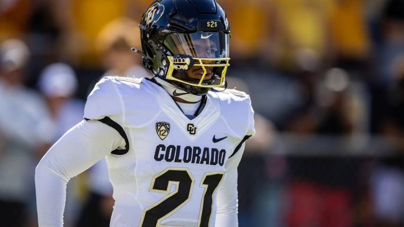 Oct 7, 2023; Tempe, Arizona, USA; Colorado Buffaloes safety Shilo Sanders (21) against the Arizona State Sun Devils at Mountain America Stadium, Home of the ASU Sun Devils. Mandatory Credit: Mark J. Rebilas-USA TODAY Sports