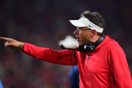 Oct 7, 2023; Los Angeles, California, USA; Arizona Wildcats head coach Jedd Fisch reacts during the second half at Los Angeles Memorial Coliseum. Mandatory Credit: Gary A. Vasquez-USA TODAY Sports