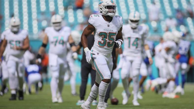 Oct 8, 2023; Miami Gardens, Florida, USA; Miami Dolphins running back Chris Brooks (35) looks on prior to the game against the New York Giants at Hard Rock Stadium. Mandatory Credit: Sam Navarro-USA TODAY Sports