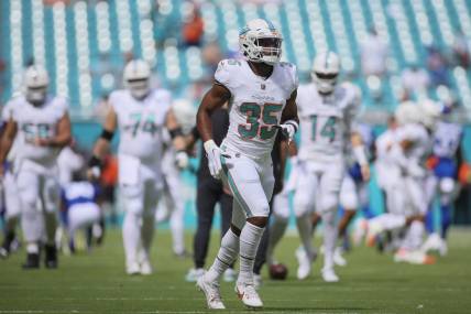 Oct 8, 2023; Miami Gardens, Florida, USA; Miami Dolphins running back Chris Brooks (35) looks on prior to the game against the New York Giants at Hard Rock Stadium. Mandatory Credit: Sam Navarro-USA TODAY Sports
