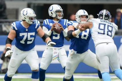 Indianapolis Colts quarterback Anthony Richardson (5) draws back to pass Sunday, Oct. 8, 2023, during a game against the Tennessee Titans at Lucas Oil Stadium in Indianapolis.