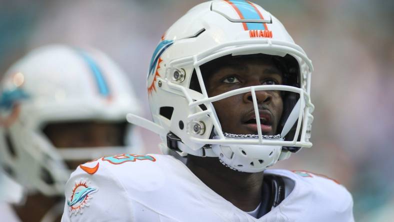 Oct 8, 2023; Miami Gardens, Florida, USA; Miami Dolphins running back De'Von Achane (28) looks on after scoring a touchdown against the New York Giants during the second quarter at Hard Rock Stadium. Mandatory Credit: Sam Navarro-USA TODAY Sports