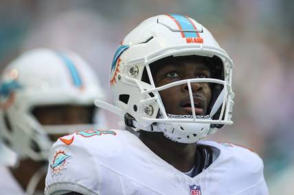 Oct 8, 2023; Miami Gardens, Florida, USA; Miami Dolphins running back De'Von Achane (28) looks on after scoring a touchdown against the New York Giants during the second quarter at Hard Rock Stadium. Mandatory Credit: Sam Navarro-USA TODAY Sports