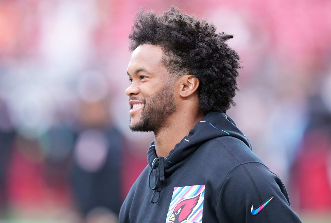 Oct 8, 2023; Glendale, Arizona, USA; Arizona Cardinals quarterback Kyler Murray (1) looks on prior to the game between the Arizona Cardinals and the Cincinnati Bengals at State Farm Stadium. Mandatory Credit: Joe Camporeale-USA TODAY Sports