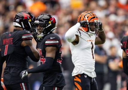 Oct 8, 2023; Glendale, Arizona, USA; Cincinnati Bengals wide receiver Ja'Marr Chase (1) flexes as he celebrates a first down against the Arizona Cardinals in the first half at State Farm Stadium. Mandatory Credit: Mark J. Rebilas-USA TODAY Sports