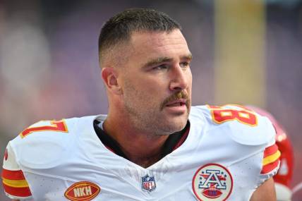 Oct 8, 2023; Minneapolis, Minnesota, USA; Kansas City Chiefs tight end Travis Kelce (87) looks on before the game against the Minnesota Vikings at U.S. Bank Stadium. Mandatory Credit: Jeffrey Becker-USA TODAY Sports