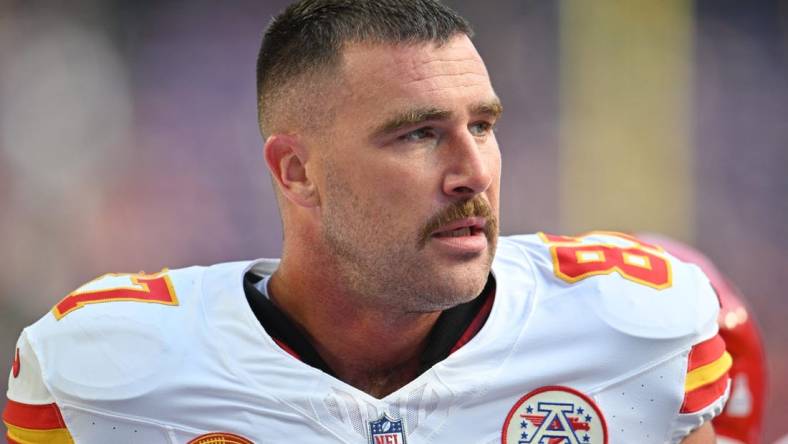 Oct 8, 2023; Minneapolis, Minnesota, USA; Kansas City Chiefs tight end Travis Kelce (87) looks on before the game against the Minnesota Vikings at U.S. Bank Stadium. Mandatory Credit: Jeffrey Becker-USA TODAY Sports