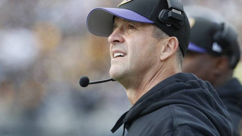 Oct 8, 2023; Pittsburgh, Pennsylvania, USA;  Baltimore Ravens head coach John Harbaugh reacts on the sidelines against the Pittsburgh Steelers during the fourth quarter at Acrisure Stadium. Mandatory Credit: Charles LeClaire-USA TODAY Sports