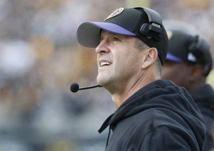 Oct 8, 2023; Pittsburgh, Pennsylvania, USA;  Baltimore Ravens head coach John Harbaugh reacts on the sidelines against the Pittsburgh Steelers during the fourth quarter at Acrisure Stadium. Mandatory Credit: Charles LeClaire-USA TODAY Sports