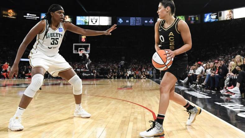 Oct 8, 2023; Las Vegas, Nevada, USA; New York Liberty forward Jonquel Jones (35) defends against Las Vegas Aces guard Kelsey Plum (10) in the second half during game one of the 2023 WNBA Finals at Michelob Ultra Arena. Mandatory Credit: Candice Ward-USA TODAY Sports