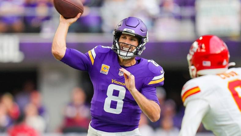 Oct 8, 2023; Minneapolis, Minnesota, USA; Minnesota Vikings quarterback Kirk Cousins (8) passes against the Kansas City Chiefs in the second quarter at U.S. Bank Stadium. Mandatory Credit: Brad Rempel-USA TODAY Sports