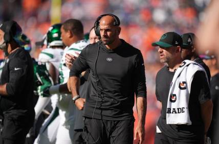 Oct 8, 2023; Denver, Colorado, USA; New York Jets head coach Robert Saleh during the second quarter against the Denver Broncos at Empower Field at Mile High. Mandatory Credit: Ron Chenoy-USA TODAY Sports