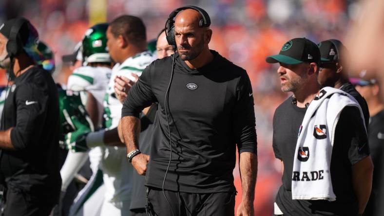 Oct 8, 2023; Denver, Colorado, USA; New York Jets head coach Robert Saleh during the second quarter against the Denver Broncos at Empower Field at Mile High. Mandatory Credit: Ron Chenoy-USA TODAY Sports