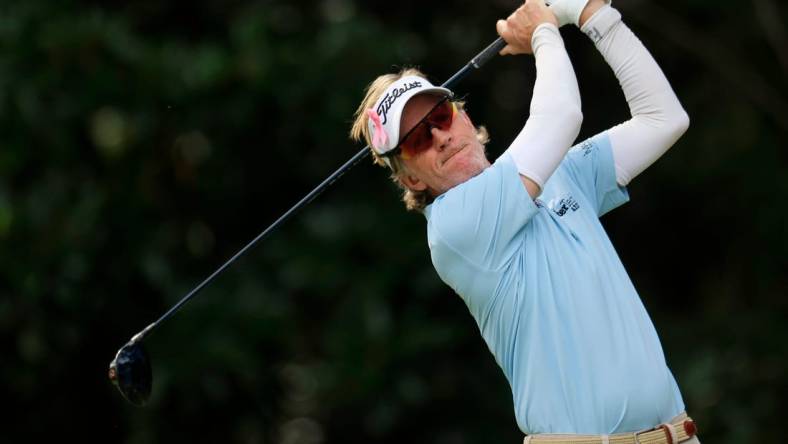 Brett Quigley plays his shot from the 16th tee during the third and final round of the Constellation Furyk & Friends PGA Tour Champions golf tournament Sunday, Oct. 8, 2023 at Timuquana Country Club in Jacksonville, Fla. Brett Quigley won at 11 under par, one stroke over Steven Alker. [Corey Perrine/Florida Times-Union]