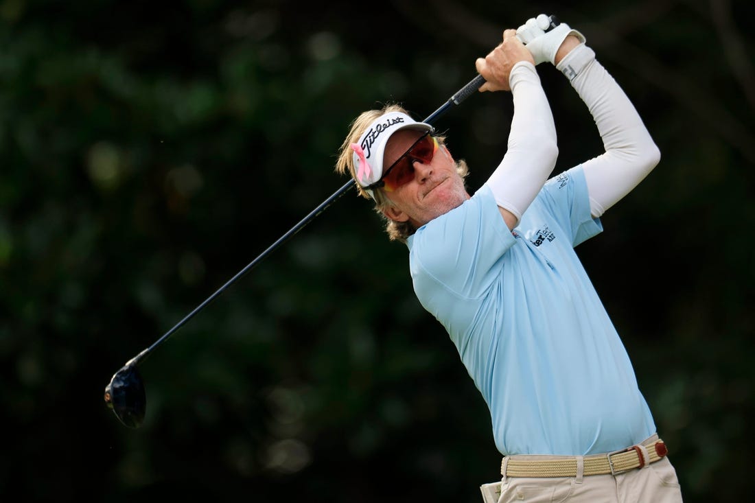 Brett Quigley plays his shot from the 16th tee during the third and final round of the Constellation Furyk & Friends PGA Tour Champions golf tournament Sunday, Oct. 8, 2023 at Timuquana Country Club in Jacksonville, Fla. Brett Quigley won at 11 under par, one stroke over Steven Alker. [Corey Perrine/Florida Times-Union]