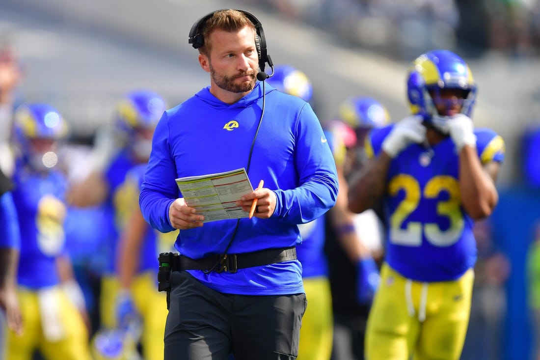 Oct 8, 2023; Inglewood, California, USA; Los Angeles Rams head coach Sean McVay watches game action against the Philadelphia Eagles during the second half at SoFi Stadium. Mandatory Credit: Gary A. Vasquez-USA TODAY Sports