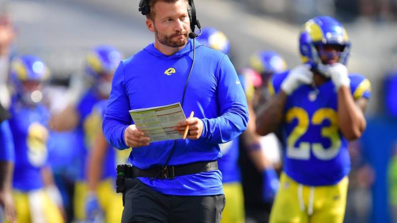 Oct 8, 2023; Inglewood, California, USA; Los Angeles Rams head coach Sean McVay watches game action against the Philadelphia Eagles during the second half at SoFi Stadium. Mandatory Credit: Gary A. Vasquez-USA TODAY Sports