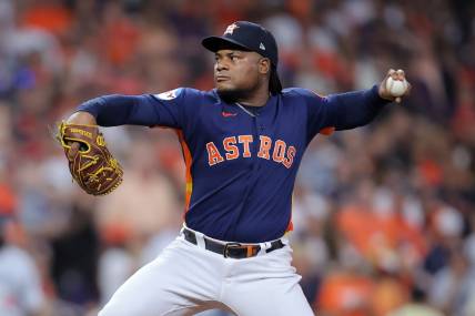 Oct 8, 2023; Houston, Texas, USA; Houston Astros starting pitcher Framber Valdez (59) throws a pitch in the first inning for game two of the ALDS for the 2023 MLB playoffs against the Minnesota Twins at Minute Maid Park. Mandatory Credit: Erik Williams-USA TODAY Sports