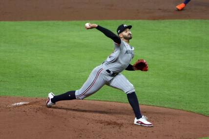 Oct 8, 2023; Houston, Texas, USA; Minnesota Twins starting pitcher Pablo Lopez (49) throws a pitch against the Houston Astros in the first inning for game two of the ALDS for the 2023 MLB playoffs at Minute Maid Park. Mandatory Credit: Thomas Shea-USA TODAY Sports