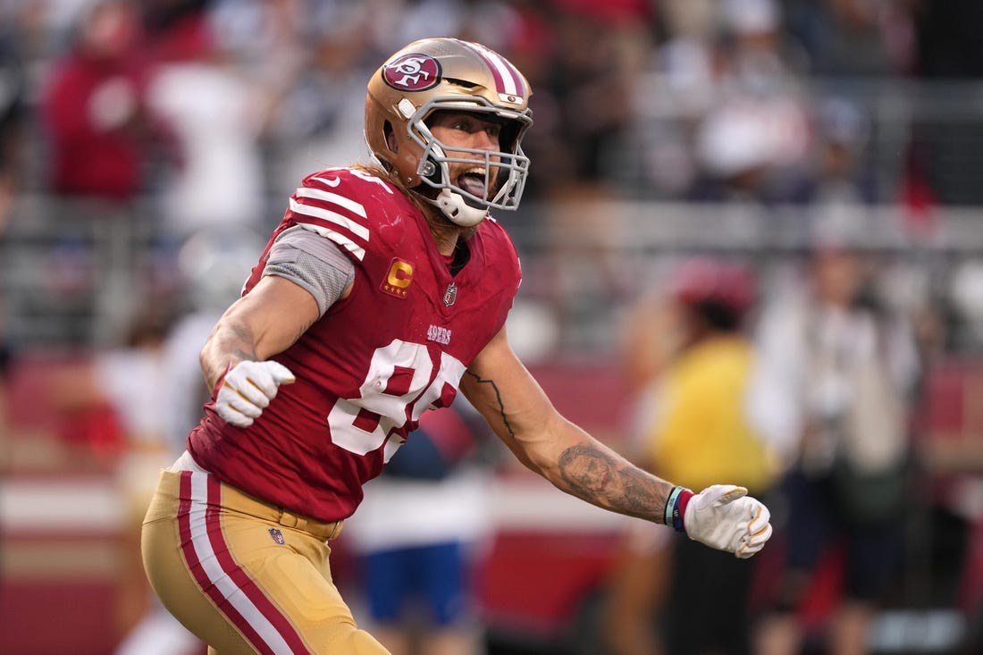 Oct 8, 2023; Santa Clara, California, USA; San Francisco 49ers tight end George Kittle (85) reacts after scoring a touchdown against the Dallas Cowboys during the second quarter at Levi's Stadium. Mandatory Credit: Darren Yamashita-USA TODAY Sports