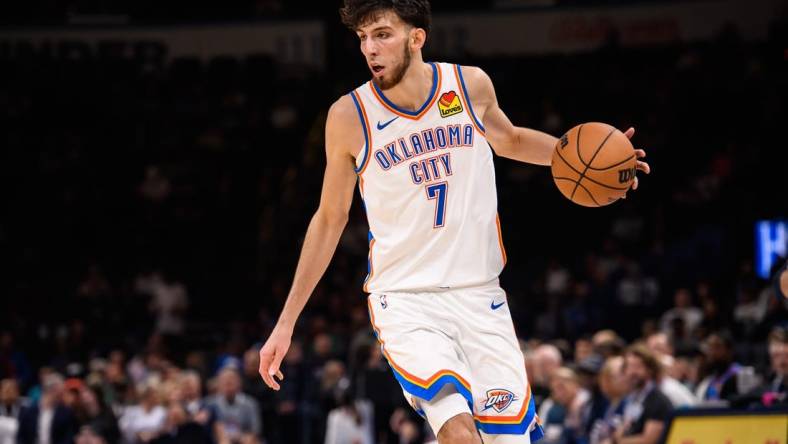 Oct 9, 2023; Oklahoma City, Oklahoma, USA; Oklahoma City Thunder forward Chet Holmgren (7) dribbles the ball during the game against the San Antonio Spurs at Paycom Center. Mandatory Credit: Rob Ferguson-USA TODAY Sports