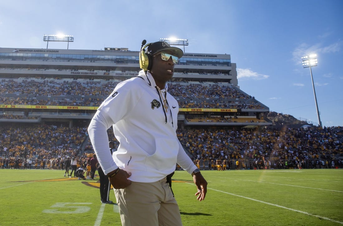 Oct 7, 2023; Tempe, Arizona, USA; Colorado Buffaloes head coach Deion Sanders against the Arizona State Sun Devils at Mountain America Stadium. Mandatory Credit: Mark J. Rebilas-USA TODAY Sports