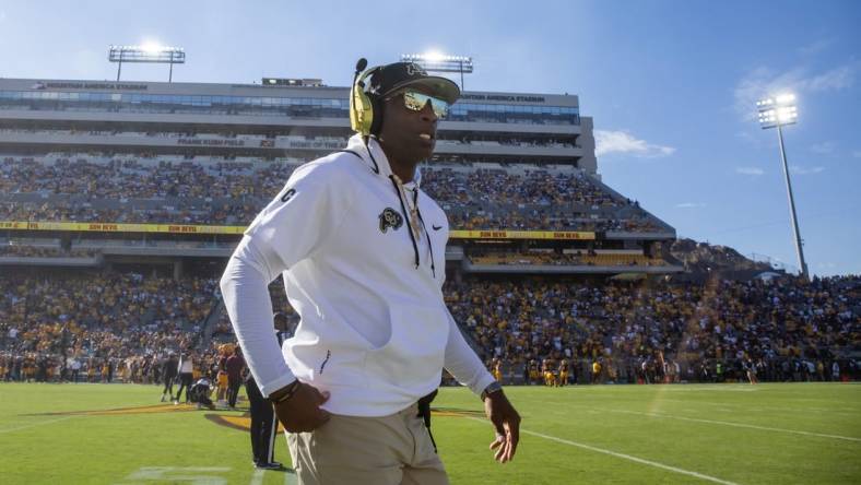 Oct 7, 2023; Tempe, Arizona, USA; Colorado Buffaloes head coach Deion Sanders against the Arizona State Sun Devils at Mountain America Stadium. Mandatory Credit: Mark J. Rebilas-USA TODAY Sports