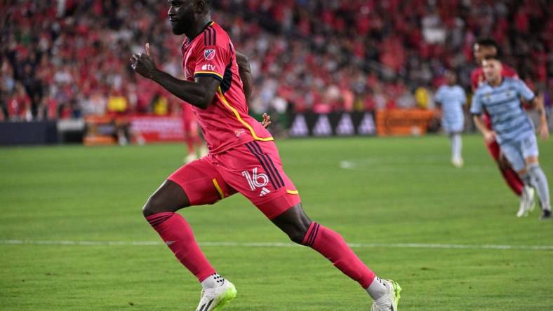 Sep 30, 2023; St. Louis, Missouri, USA; St. Louis City forward Samuel Adeniran (16) runs against Sporting Kansas City in the second half at CITYPARK. Mandatory Credit: Joe Puetz-USA TODAY Sports