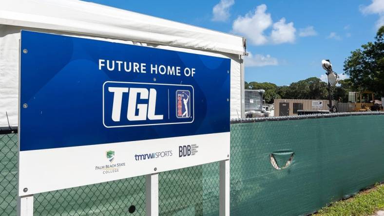 Construction is underway for the Tiger Woods's and Rory McIlroy's Simulator Golf League, TGL, at Palm Beach State College's PGA Boulevard campus in Palm Beach Gardens, Florida on October 5, 2023.