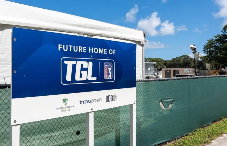 Construction is underway for the Tiger Woods's and Rory McIlroy's Simulator Golf League, TGL, at Palm Beach State College's PGA Boulevard campus in Palm Beach Gardens, Florida on October 5, 2023.