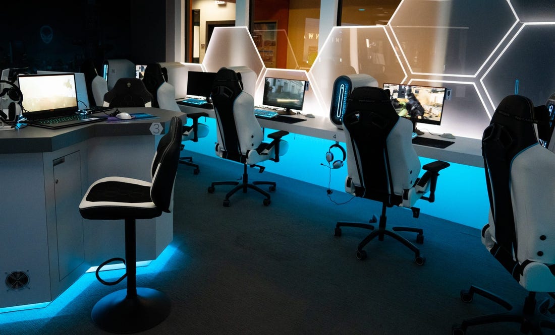 The Alienware Longhorn E-sports Lounge in the Texas Union, Wednesday, Oct. 11, 2023. The upstairs lounge was the first stage of UT's partnership with Alienware and opened in August of 2022. The larger arena downstairs, opened this week, builds upon the success of the lounge.