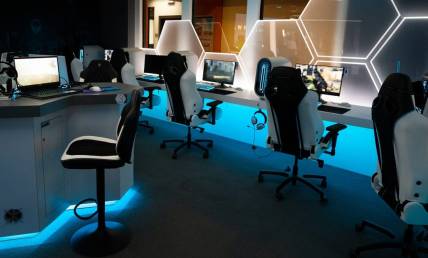 The Alienware Longhorn E-sports Lounge in the Texas Union, Wednesday, Oct. 11, 2023. The upstairs lounge was the first stage of UT's partnership with Alienware and opened in August of 2022. The larger arena downstairs, opened this week, builds upon the success of the lounge.