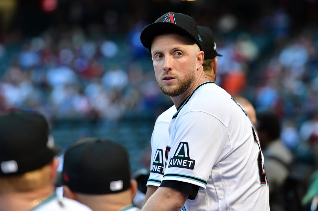 Oct 11, 2023; Phoenix, Arizona, USA; Arizona Diamondbacks starting pitcher Merrill Kelly (29) before game three of the NLDS for the 2023 MLB playoffs against the Los Angeles Dodgers at Chase Field. Mandatory Credit: Matt Kartozian-USA TODAY Sports