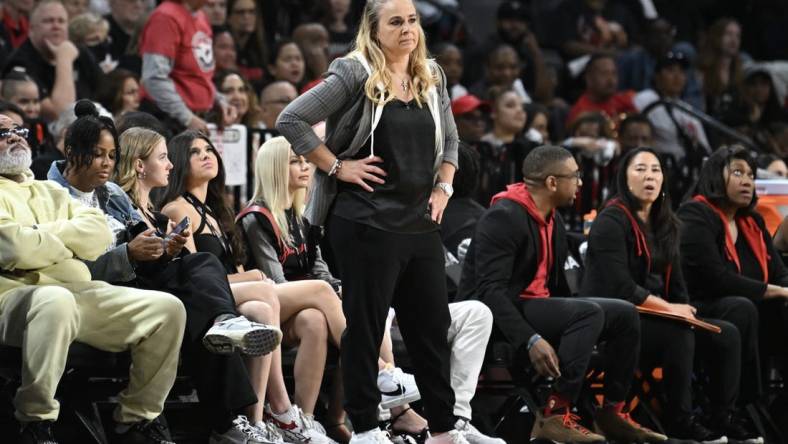 Oct 11, 2023; Las Vegas, Nevada, USA; Las Vegas Aces head coach Becky Hammon looks up the court during the first half of the game against the New York Liberty during game two of the 2023 WNBA Finals at Michelob Ultra Arena. Mandatory Credit: Candice Ward-USA TODAY Sports