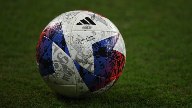 Oct 4, 2023; Nashville, Tennessee, USA; View of a game ball before the match between the Nashville SC and the Orlando City at Geodis Park. Mandatory Credit: Christopher Hanewinckel-USA TODAY Sports