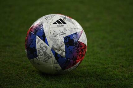 Oct 4, 2023; Nashville, Tennessee, USA; View of a game ball before the match between the Nashville SC and the Orlando City at Geodis Park. Mandatory Credit: Christopher Hanewinckel-USA TODAY Sports