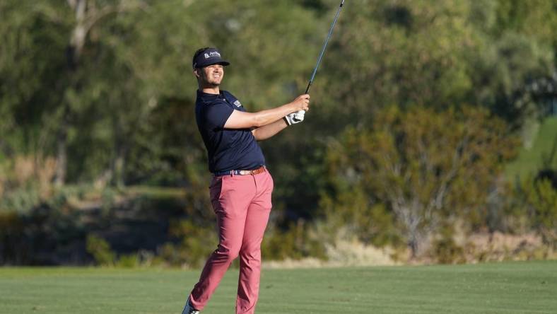 Oct 12, 2023; Las Vegas, Nevada, USA; Beau Hossler hits from the fairway on the eighteenth hole during the first round of the Shriners Children's Open golf tournament at TPC Summerlin. Mandatory Credit: Ray Acevedo-USA TODAY Sports