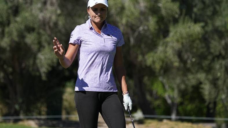 Oct 12, 2023; Las Vegas, Nevada, USA; Lexi Thompson reacts after her birdie on the second hole during the first round of the Shriners Children's Open golf tournament at TPC Summerlin. Mandatory Credit: Ray Acevedo-USA TODAY Sports