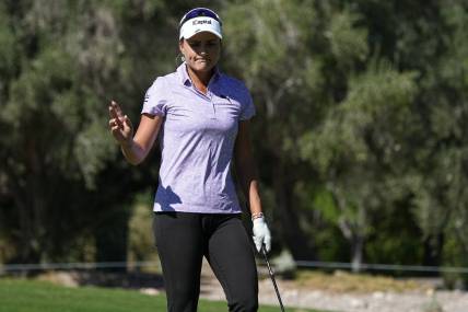 Oct 12, 2023; Las Vegas, Nevada, USA; Lexi Thompson reacts after her birdie on the second hole during the first round of the Shriners Children's Open golf tournament at TPC Summerlin. Mandatory Credit: Ray Acevedo-USA TODAY Sports