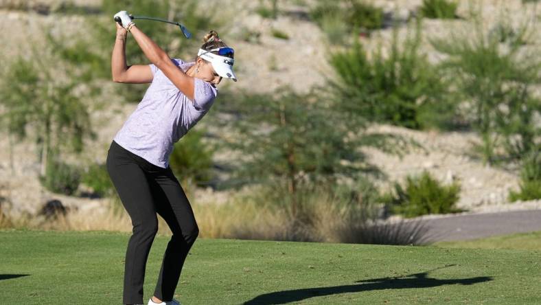 Oct 12, 2023; Las Vegas, Nevada, USA; Lexi Thompson hits her tee shot on the eighth hole during the first round of the Shriners Children's Open golf tournament at TPC Summerlin. Mandatory Credit: Ray Acevedo-USA TODAY Sports