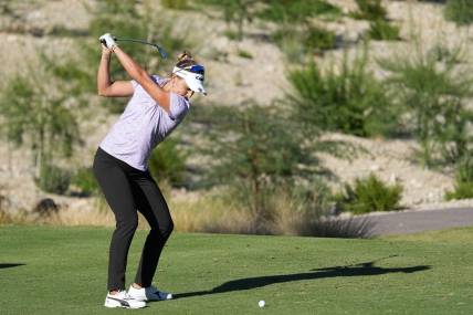 Oct 12, 2023; Las Vegas, Nevada, USA; Lexi Thompson hits her tee shot on the eighth hole during the first round of the Shriners Children's Open golf tournament at TPC Summerlin. Mandatory Credit: Ray Acevedo-USA TODAY Sports