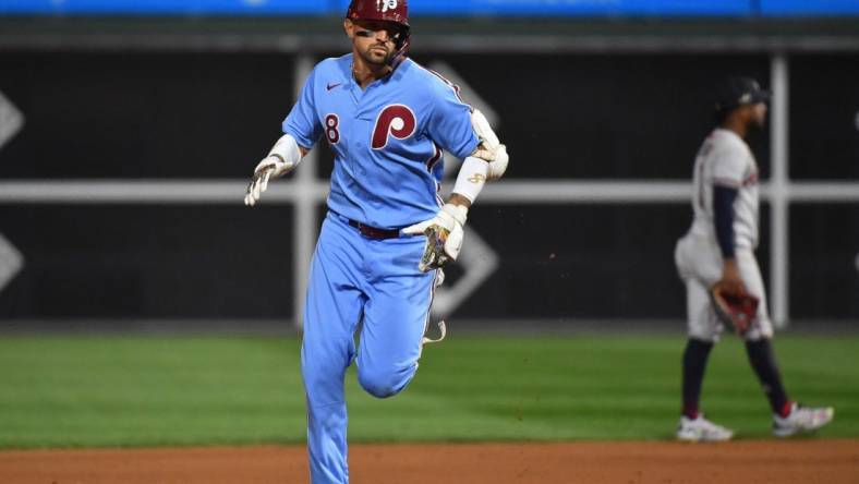 Oct 12, 2023; Philadelphia, Pennsylvania, USA; Philadelphia Phillies right fielder Nick Castellanos (8) rounds the bases after hitting a solo home run against the Atlanta Braves during the fourth inning during game four of the NLDS for the 2023 MLB playoffs at Citizens Bank Park. Mandatory Credit: Eric Hartline-USA TODAY Sports