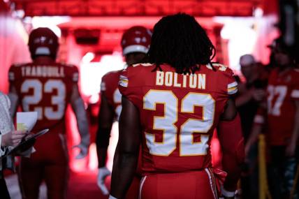 Oct 12, 2023; Kansas City, Missouri, USA;  Kansas City Chiefs linebacker Nick Bolton (32) enters the field prior to the game against the Denver Broncos at GEHA Field at Arrowhead Stadium. Mandatory Credit: William Purnell-USA TODAY Sports