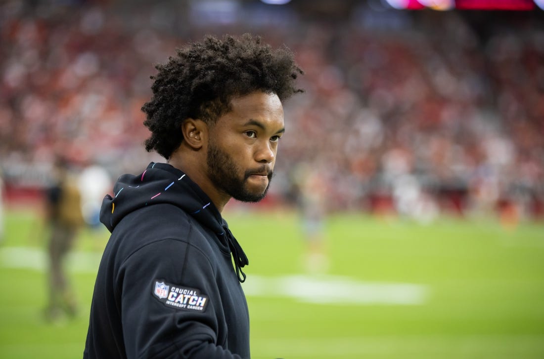 Oct 8, 2023; Glendale, Arizona, USA; Arizona Cardinals injured quarterback Kyler Murray on the sidelines against the Cincinnati Bengals at State Farm Stadium. Mandatory Credit: Mark J. Rebilas-USA TODAY Sports