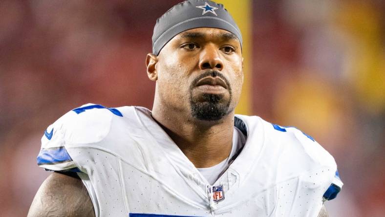 October 8, 2023; Santa Clara, California, USA; Dallas Cowboys offensive tackle Tyron Smith (77) after the game against the San Francisco 49ers at Levi's Stadium. Mandatory Credit: Kyle Terada-USA TODAY Sports