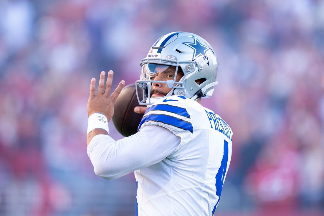 October 8, 2023; Santa Clara, California, USA; Dallas Cowboys quarterback Dak Prescott (4) before the game against the San Francisco 49ers at Levi's Stadium. Mandatory Credit: Kyle Terada-USA TODAY Sports