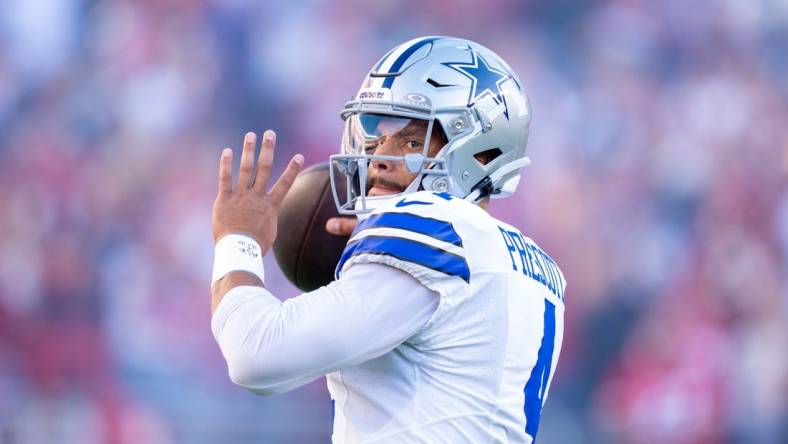 October 8, 2023; Santa Clara, California, USA; Dallas Cowboys quarterback Dak Prescott (4) before the game against the San Francisco 49ers at Levi's Stadium. Mandatory Credit: Kyle Terada-USA TODAY Sports