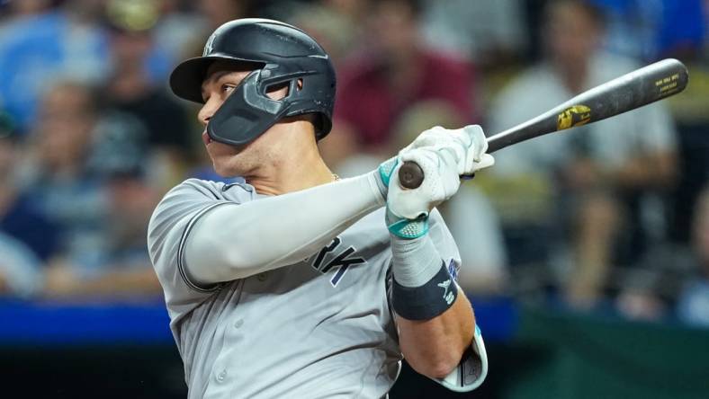 Sep 30, 2023; Kansas City, Missouri, USA; New York Yankees designated hitter Aaron Judge (99) bats during the eighth inning against the Kansas City Royals at Kauffman Stadium. Mandatory Credit: Jay Biggerstaff-USA TODAY Sports